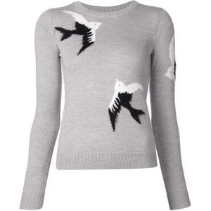 Sonia By Sonial Rykiel Grey Wool Sweater Long Sleeve Crew Neck Birds